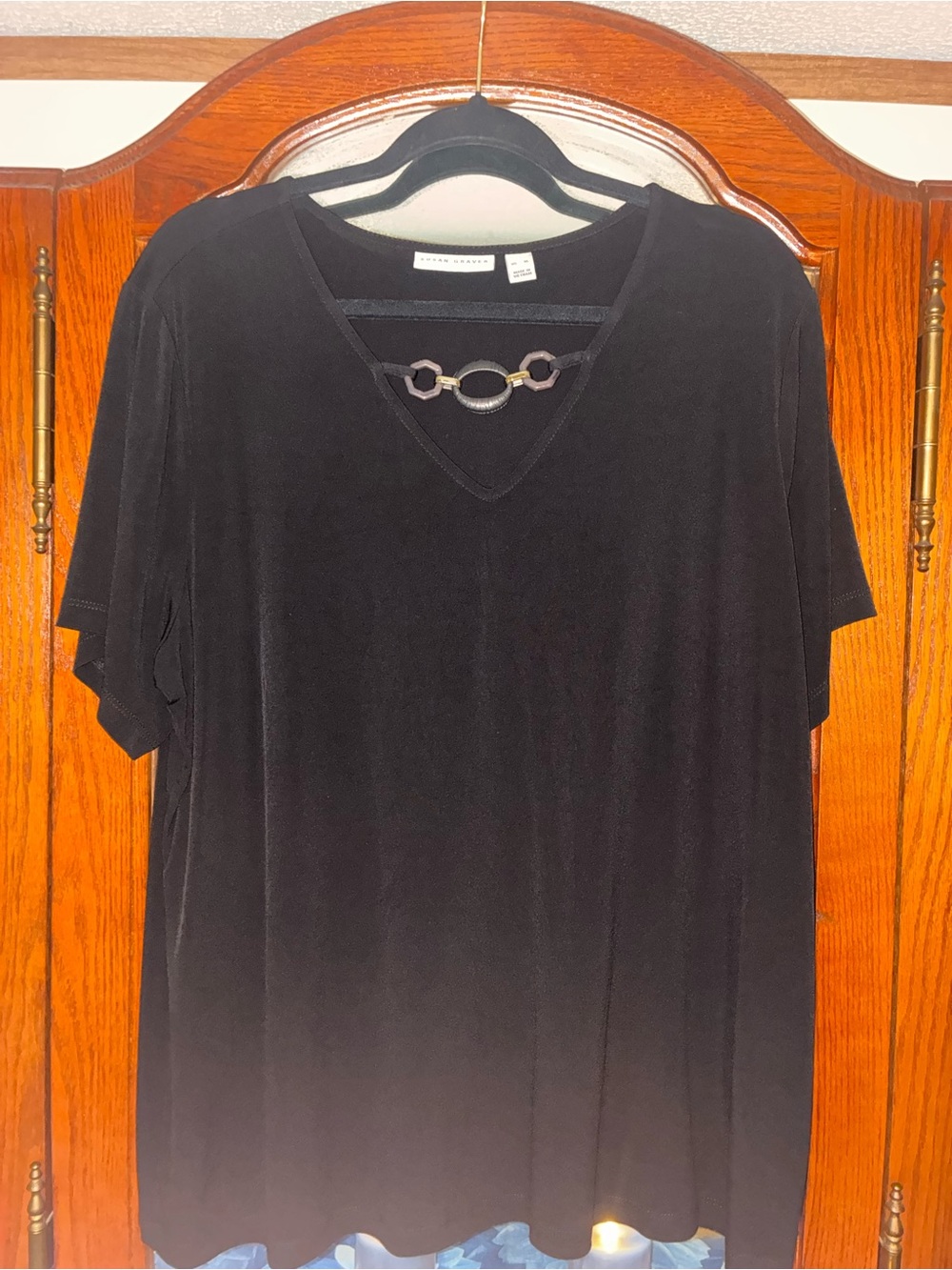 Alfani Black Short Sleeve V-Neck Top with Metal Ring Accent